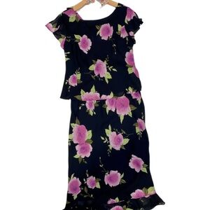 Studio One Black Midi Blouse Skirt combo with Pink Floral Print - size 14 / 16
